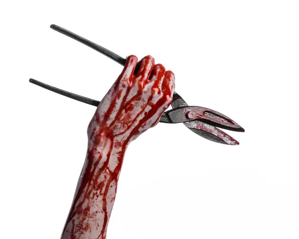 Halloween theme: bloody hand holding a big old bloody scissors on a white background — Stock Photo, Image