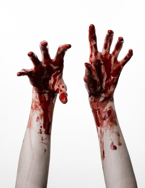 Кровавый Хэллоуин тема: кровавые руки убийца зомби изолированы на белом фоне в студии
