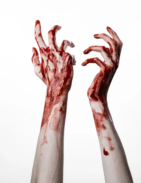 Blutiges Halloween-Thema: Blutige Hände töten Zombie isoliert auf weißem Hintergrund im Studio — Stockfoto