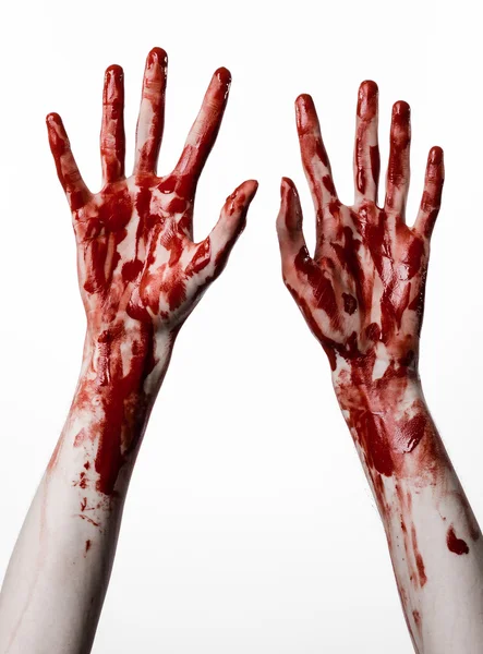 Bloody halloween theme: bloody hands killer zombie isolated on white background in studio — Stock Photo, Image