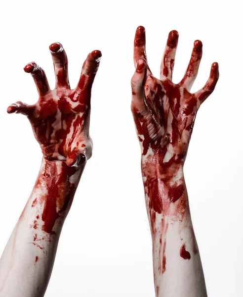 피 묻은 할로윈 테마: 피 묻은 손을 살인자 좀비에 고립 된 화이트 스튜디오에서 배경 — 스톡 사진