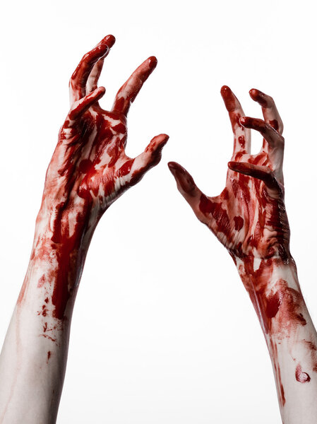 Кровавый Хэллоуин тема: кровавые руки убийца зомби изолированы на белом фоне в студии
