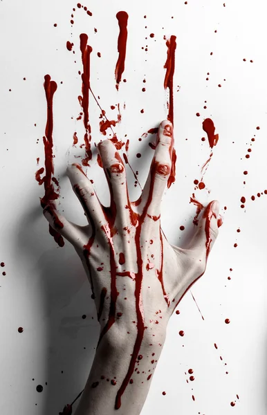 Bloody halloween theme: bloody hand print on a white leaves bloody wall — Stock Photo, Image