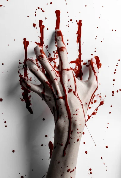 Bloody halloween theme: bloody hand print on a white leaves bloody wall — Stock Photo, Image