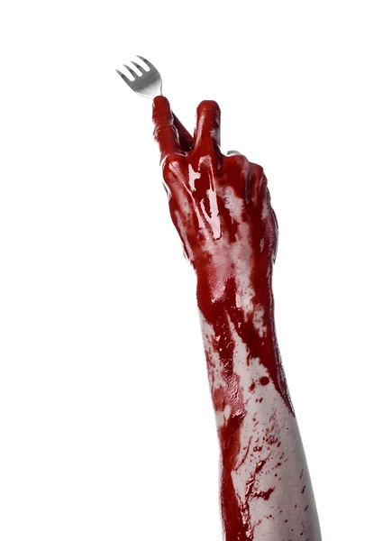 Bloody hand holding a spoon, fork, halloween theme, bloody spoon, fork, white background, isolated — Stock Photo, Image