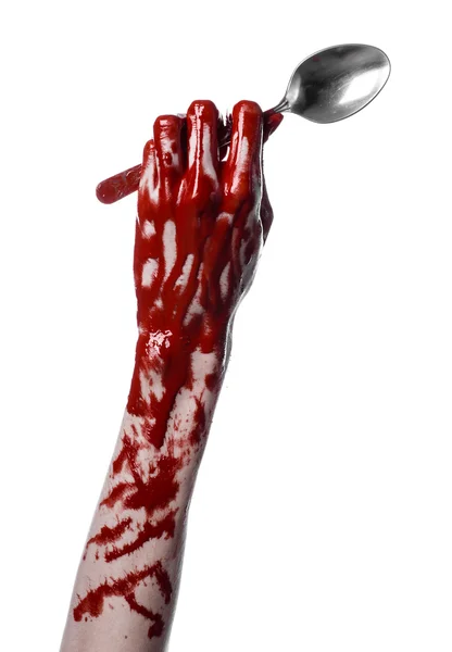 Bloody hand holding a spoon, fork, halloween theme, bloody spoon, fork, white background, isolated — Stock Photo, Image