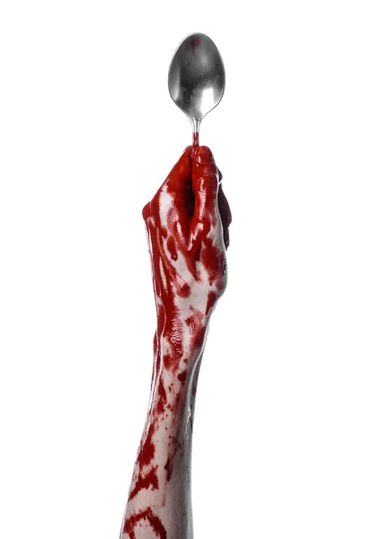 Bloedige hand met een lepel, vork, halloween thema, bloedige lepel, vork, witte achtergrond, geïsoleerd — Stockfoto