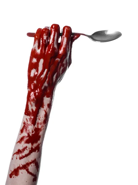 Bloody hand holding a spoon, fork, halloween theme, bloody spoon, fork, white background, isolated — Stock Photo, Image