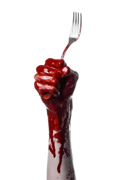 Bloody hand holding a spoon, fork, halloween theme, bloody spoon, fork, white background, isolated — Stock Photo, Image