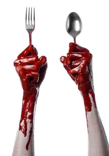 Blodiga handen håller en sked, gaffel, halloween-tema, blodiga sked, gaffel, vit bakgrund, isolerade — Stockfoto