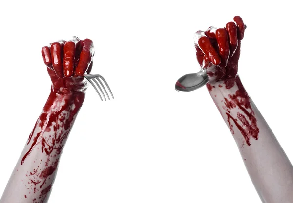 Bloedige hand met een lepel, vork, halloween thema, bloedige lepel, vork, witte achtergrond, geïsoleerd — Stockfoto