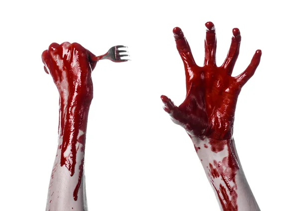 Bloody hand holding a spoon, fork, halloween theme, bloody spoon, fork, white background, isolated — Stock Photo, Image