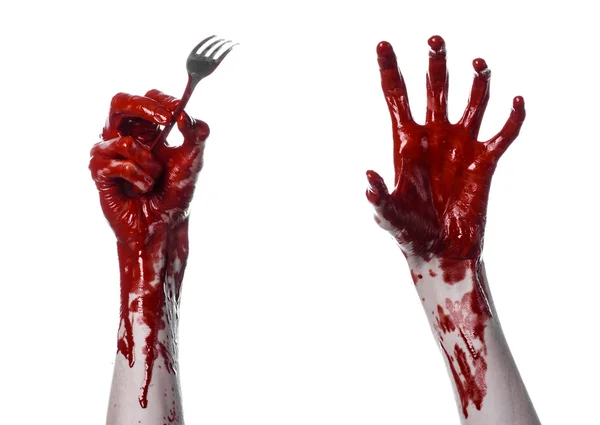 Bloedige hand met een lepel, vork, halloween thema, bloedige lepel, vork, witte achtergrond, geïsoleerd — Stockfoto