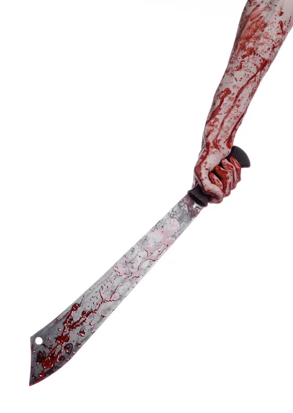 Halloween theme: hand holding a bloody machete on a white background — Stock Photo, Image