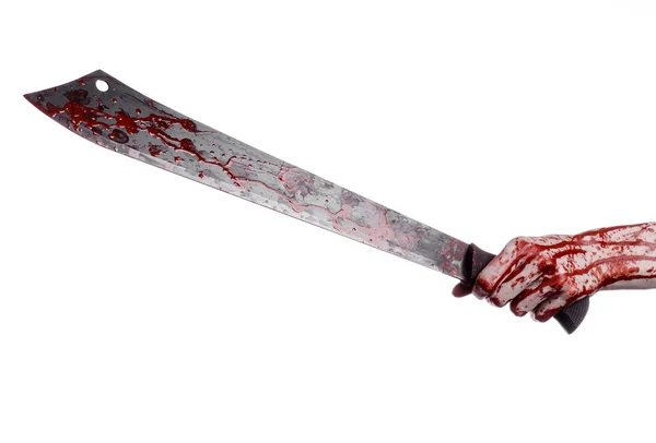 Halloween-Thema: Hand mit blutiger Machete auf weißem Hintergrund — Stockfoto