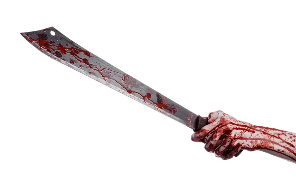 Halloween theme: hand holding a bloody machete on a white background — Stock Photo, Image