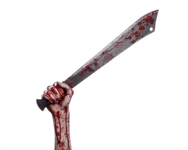 Halloween theme: hand holding a bloody machete on a white background — Stock Photo, Image