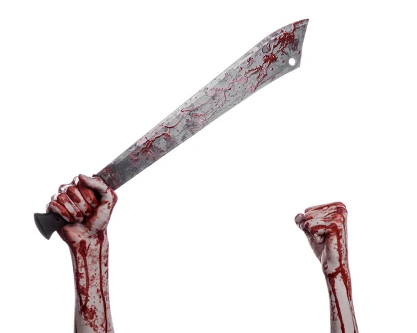 Halloween theme: hand holding a bloody machete on a white background — Stock Photo, Image