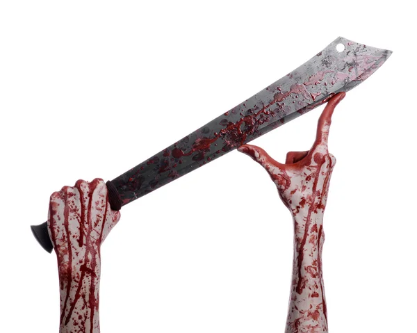 Halloween theme: hand holding a bloody machete on a white background — Stock Photo, Image