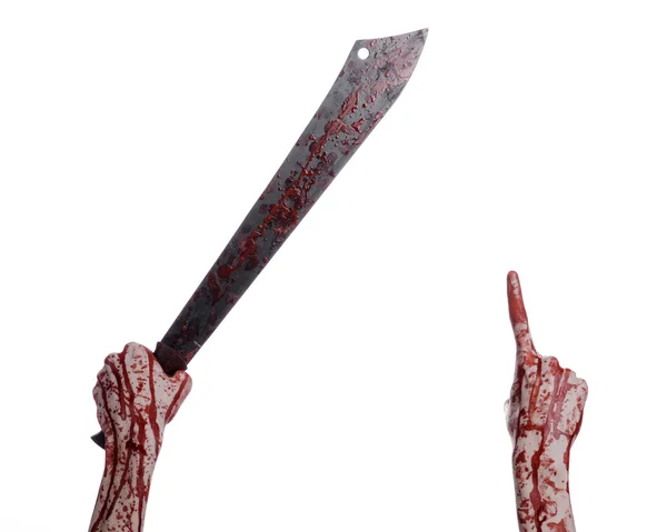 Halloween theme: hand holding a bloody machete on a white background — Stock Photo, Image