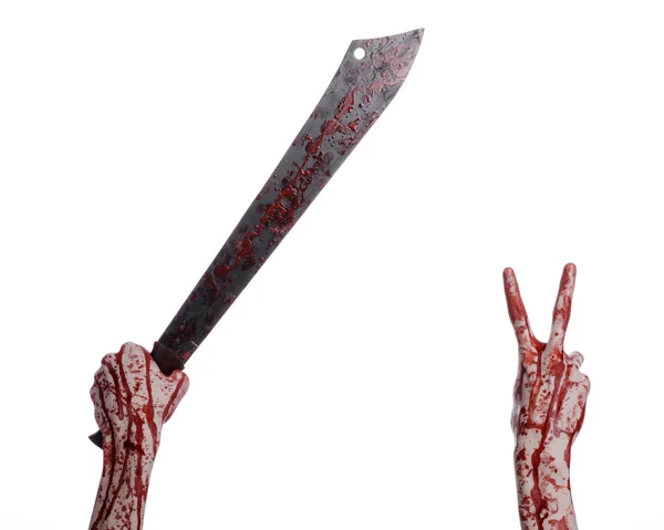 Halloween thema: hand met een bloedige machete op een witte achtergrond — Stockfoto