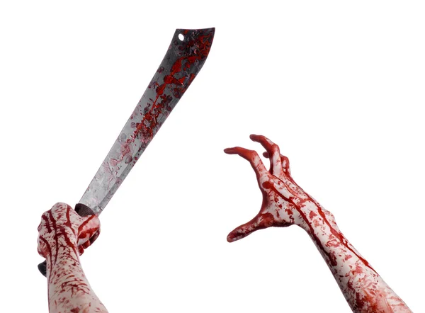 Tema de Halloween: mano sosteniendo un machete sangriento sobre un fondo blanco —  Fotos de Stock