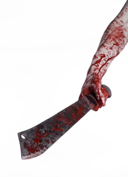 Halloween-Thema: Hand mit blutiger Machete auf weißem Hintergrund — Stockfoto