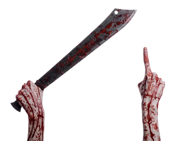 Halloween theme: hand holding a bloody machete on a white background — Stock Photo, Image