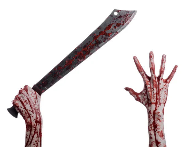 Halloween thema: hand met een bloedige machete op een witte achtergrond — Stockfoto