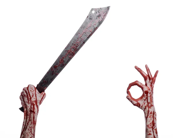 Halloween thema: hand met een bloedige machete op een witte achtergrond — Stockfoto