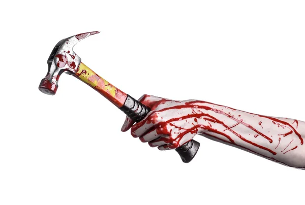 Bloody halloween theme: bloody hand holding a bloody hammer isolated on a white background — Stock Photo, Image