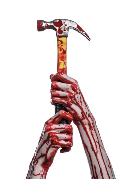 Bloody halloween theme: bloody hand holding a bloody hammer isolated on a white background — Stock Photo, Image