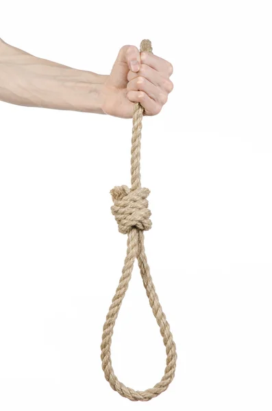 Lincselés és az öngyilkosság téma: férfi kezében egy hurok-ból kötél lóg a fehér elszigetelt háttér — Stock Fotó