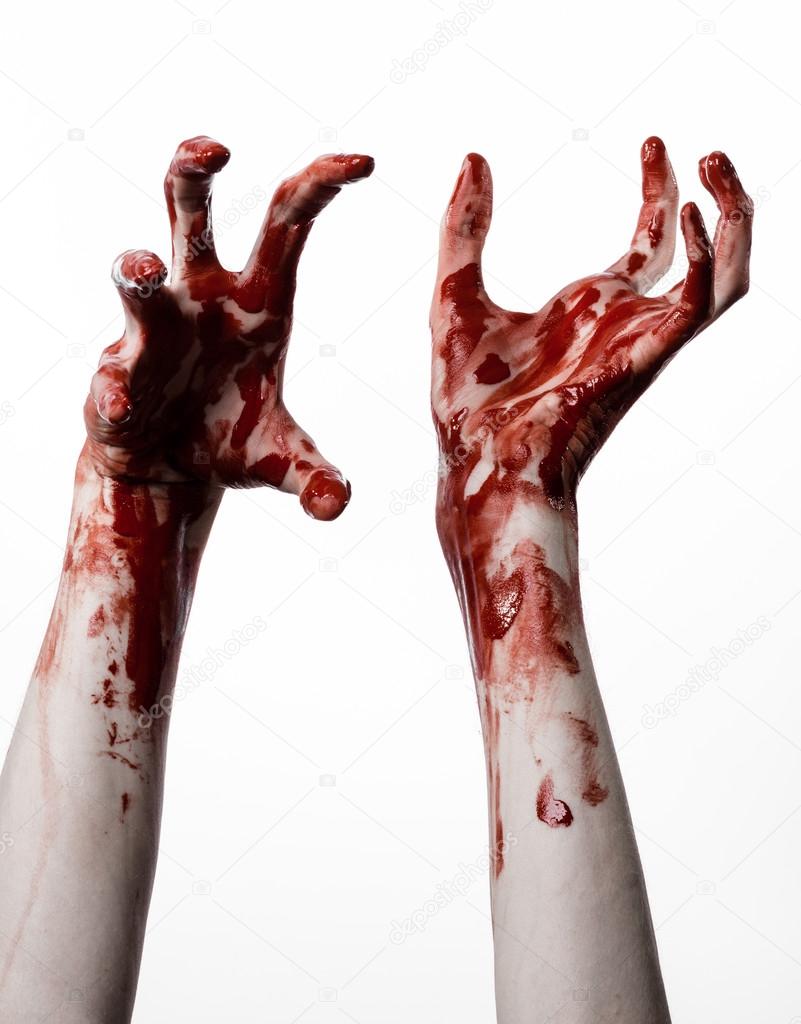 Bloody halloween theme: bloody hands killer zombie isolated on white background in studio