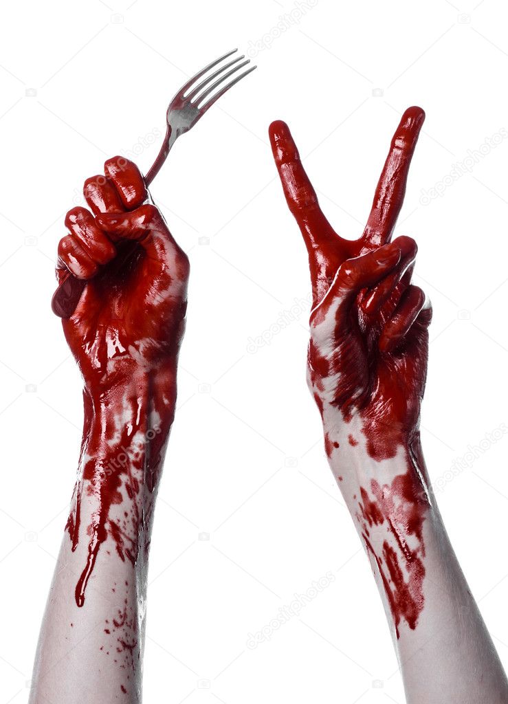 bloody hand holding a spoon, fork, halloween theme, bloody spoon, fork, white background, isolated