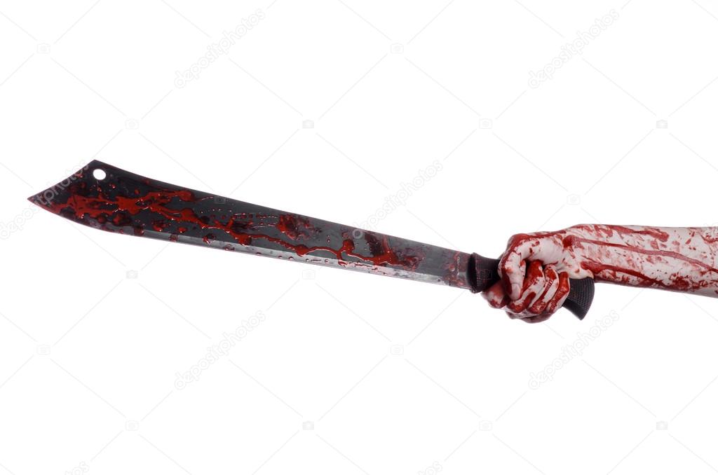 Halloween theme: hand holding a bloody machete on a white background