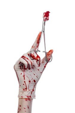 Cerrahi ve tıp Tema: doktor kanlı kanlı cerrahi kelepçe bir bez ile tutarak eldiven elinde ve izole beyaz arka planda Studio cerrahi gerçekleştirir