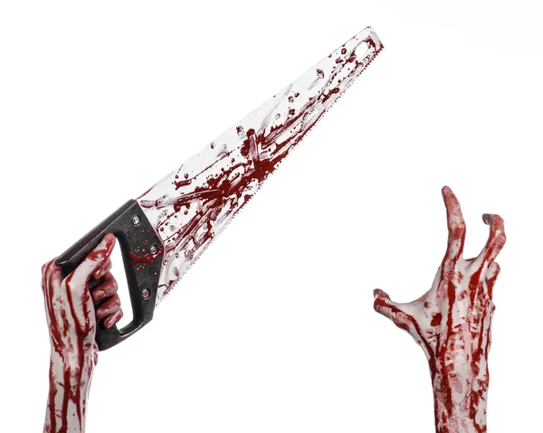 Halloween-Thema: Blutige Hand mit blutiger Säge auf weißem Hintergrund — Stockfoto