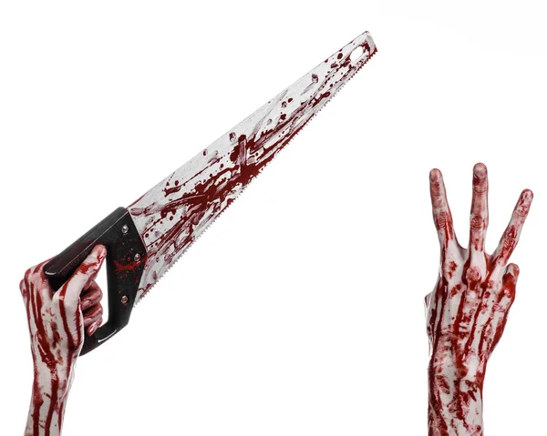 Halloween-Thema: Blutige Hand mit blutiger Säge auf weißem Hintergrund — Stockfoto