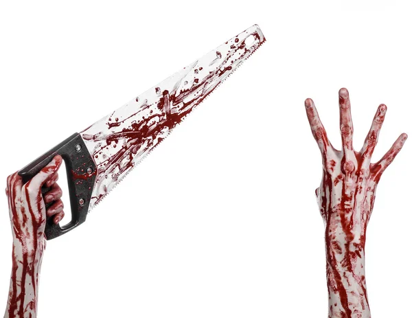 Halloween-Thema: Blutige Hand mit blutiger Säge auf weißem Hintergrund — Stockfoto