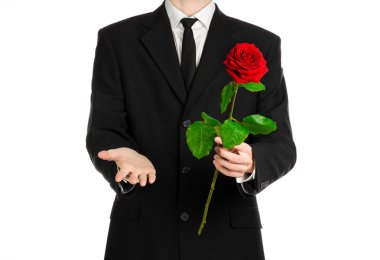 Sevgililer günü ve Women's Day Tema: Studio beyaz arka plan üzerinde izole kırmızı bir gül tutan takım elbiseli erkek eli