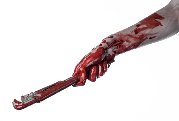 Bloody hand holding an adjustable wrench, bloody key, crazy plumber, bloody theme,halloween theme, white background,isolated , bloody hand of an assassin, bloody murderer, psycho, bloody monkey wrench — Stock Photo, Image