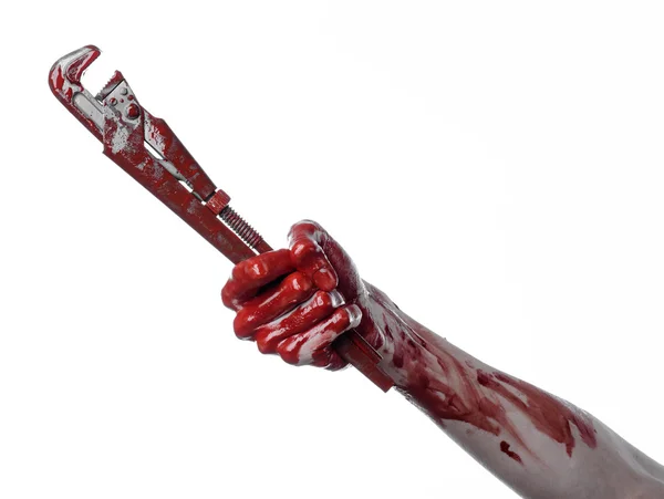 Bloody hand holding an adjustable wrench, bloody key, crazy plumber, bloody theme,halloween theme, white background,isolated , bloody hand of an assassin, bloody murderer, psycho, bloody monkey wrench — Stock Photo, Image
