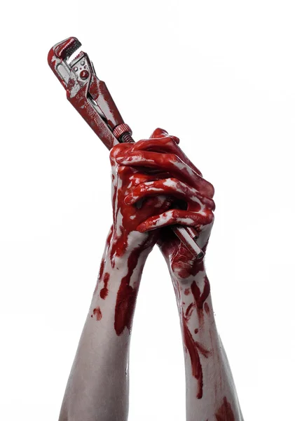 Αιματηρή χέρι που κρατά ένα ρυθμιζόμενο γαλλικό κλειδί, αιματηρή κλειδί, τρελό υδραυλικός, αιματηρή θέμα, θέμα αποκριών, λευκό φόντο, απομονωμένος, ματωμένο χέρι του ένα δολοφόνος, δολοφόνος αιματηρή, ψυχο, αιματηρή μαϊμού wrenc — Φωτογραφία Αρχείου