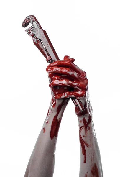 Αιματηρή χέρι που κρατά ένα ρυθμιζόμενο γαλλικό κλειδί, αιματηρή κλειδί, τρελό υδραυλικός, αιματηρή θέμα, θέμα αποκριών, λευκό φόντο, απομονωμένος, ματωμένο χέρι του ένα δολοφόνος, δολοφόνος αιματηρή, ψυχο, αιματηρή μαϊμού wrenc — Φωτογραφία Αρχείου