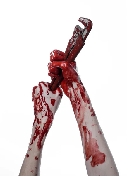Bloody hand holding an adjustable wrench, bloody key, crazy plumber, bloody theme, halloween theme, white background,isolated , bloody hand of an assassin, bloody murderer, psycho, bloody monkey wrenc — Stock Photo, Image
