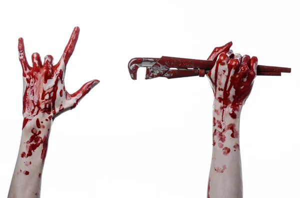 Bloody hand holding an adjustable wrench, bloody key, crazy plumber, bloody theme, halloween theme, white background,isolated , bloody hand of an assassin, bloody murderer, psycho, bloody monkey wrenc — Stock Photo, Image
