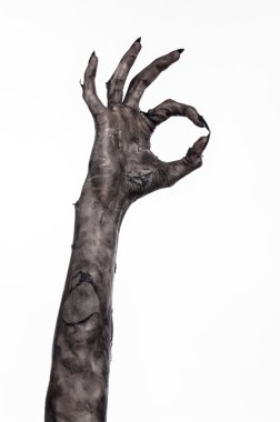 Kara ölüm, yürüyen ölüler zombi Tema, halloween Tema, zombi eller, izole, beyaz arka plan, ölüm, mumya el, el, el eller şeytanın siyah çivi, canavar eller