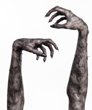 Kara ölüm, yürüyen ölüler zombi Tema, halloween Tema, zombi eller, izole, beyaz arka plan, ölüm, mumya el, el, el eller şeytanın siyah çivi, canavar eller