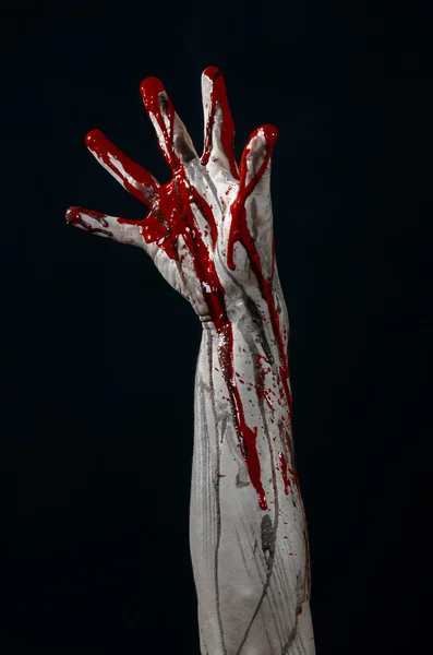 血腥的万圣节主题: 血腥恐怖的僵尸恶魔双手放在一个黑色的背景上 — 图库照片